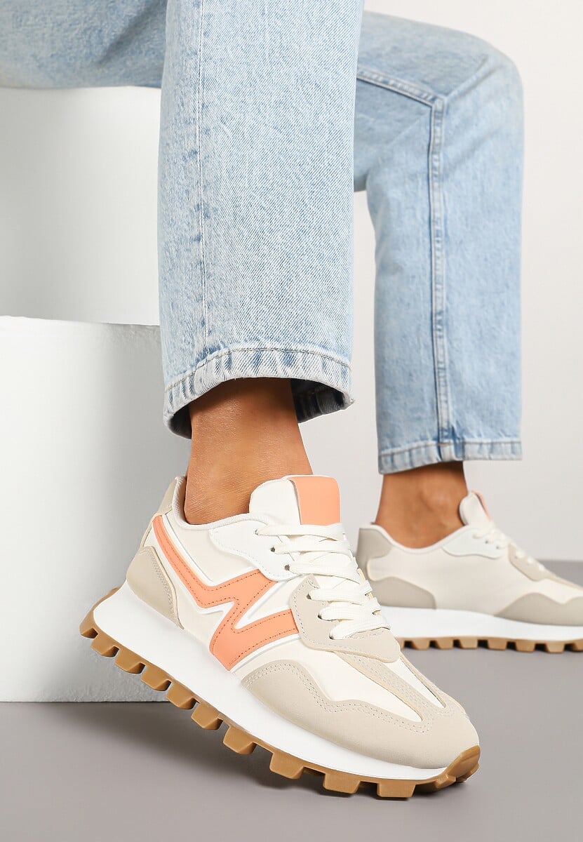 Beżowo-Pomarańczowe Sneakersy Ozdobione Geometrycznym Motywem Aluthia 2