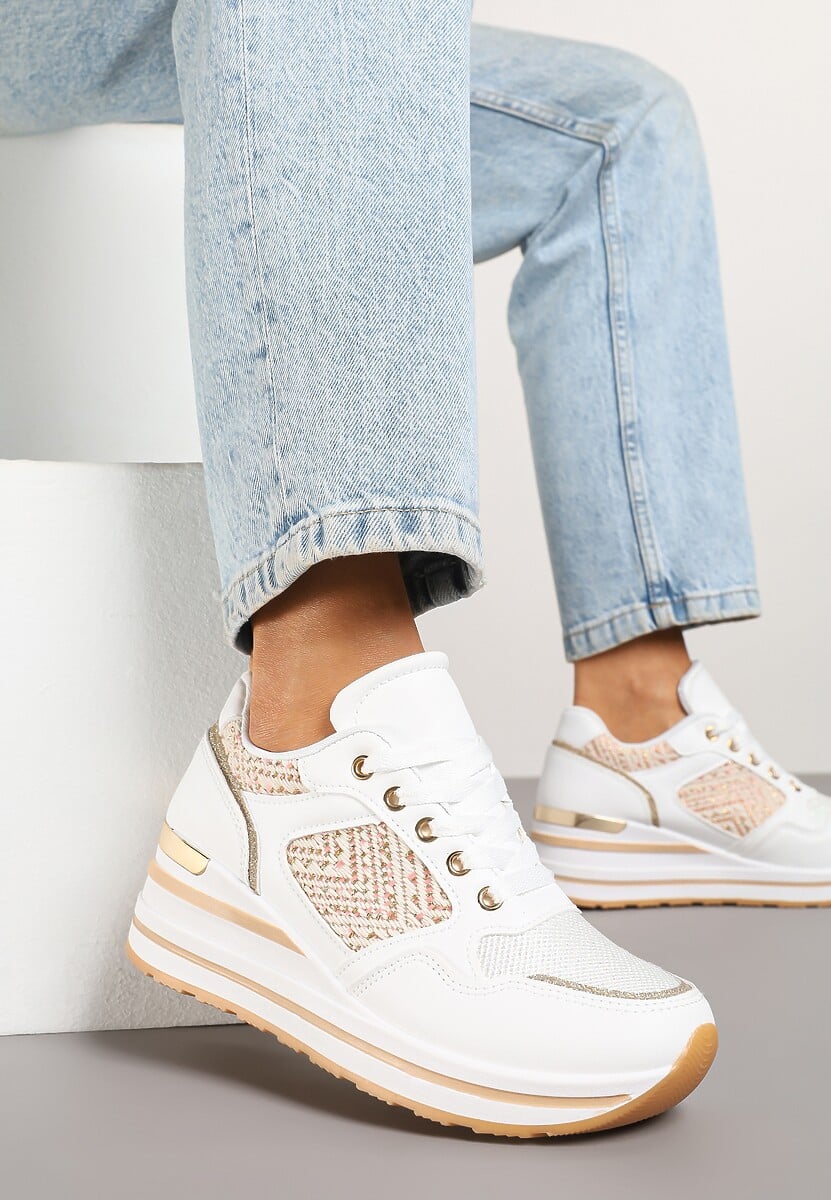 Białe Sneakersy na Koturnie z Geometrycznym Wzorem i Brokatem Tillineira 1