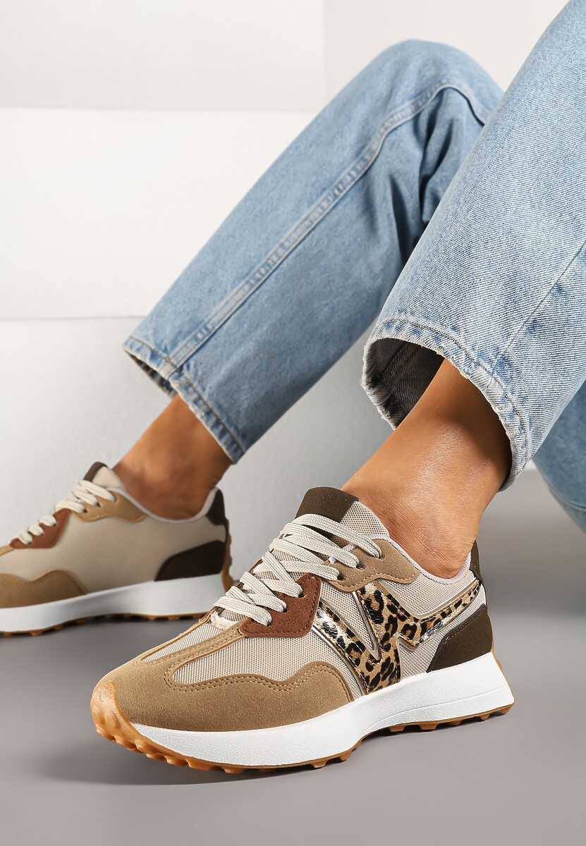 Ciemnobeżowe Sneakersy Ozdobione Geometrycznym Motywem w Panterkę Zdivena 1
