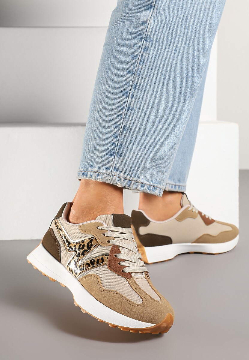 Ciemnobeżowe Sneakersy Ozdobione Geometrycznym Motywem w Panterkę Zdivena 2