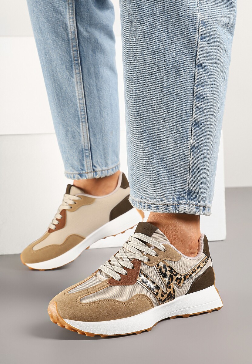 Ciemnobeżowe Sneakersy Ozdobione Geometrycznym Motywem w Panterkę Zdivena 3