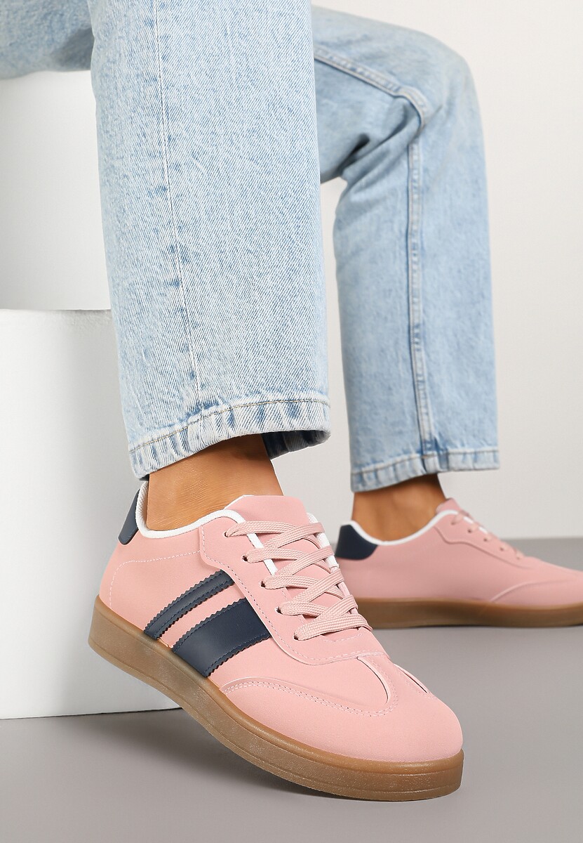 Różowe Sneakersy Typu Tenisówki Ozdobione Paskami Amolana