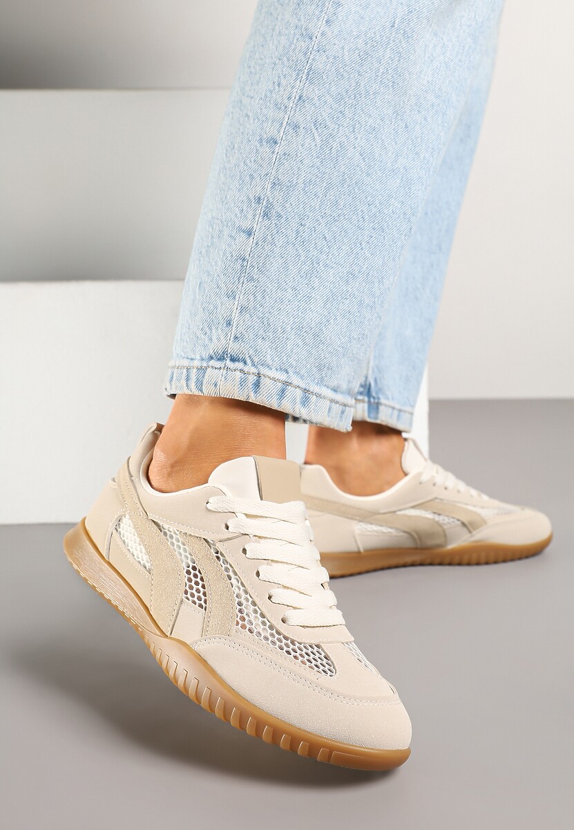 Ciemnobeżowe Sneakersy Tenisówki z Geometrycznym Motywem Amotheira 1