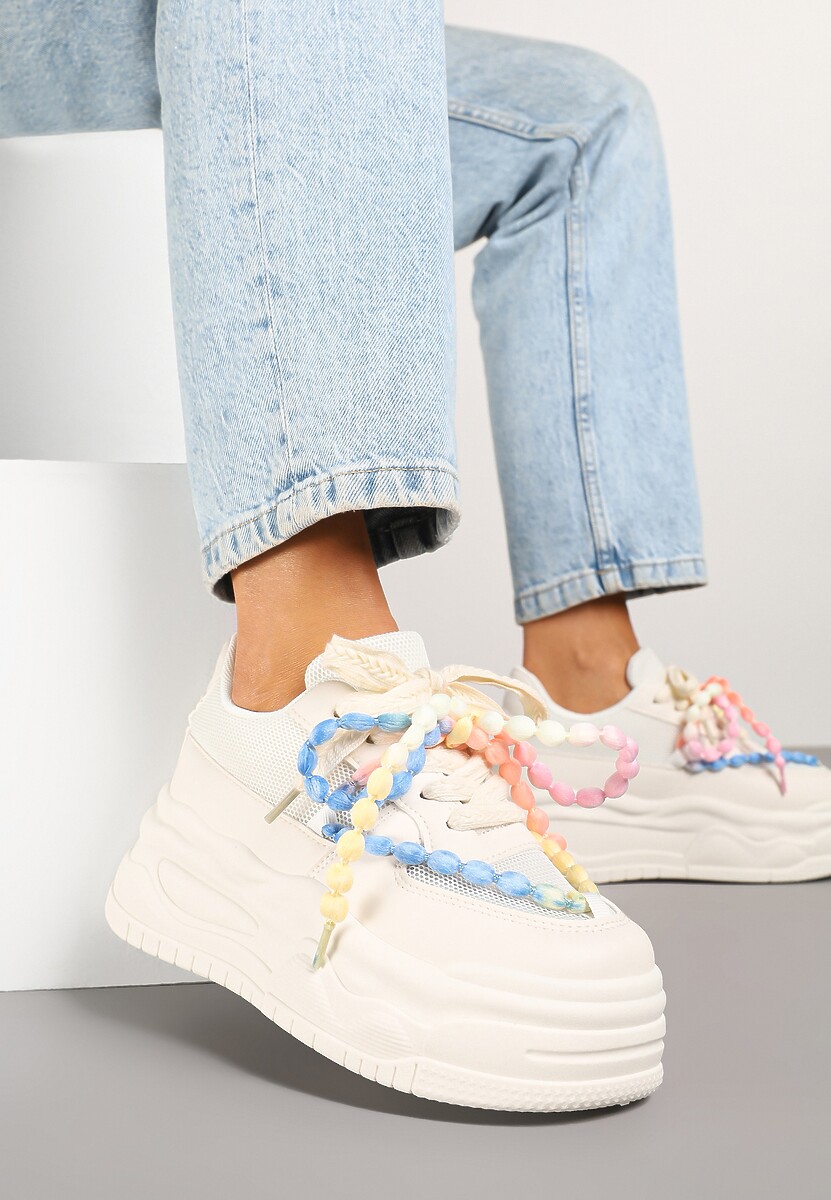 Beżowe Sneakersy na Platformie z Koralikami Amovanna 1