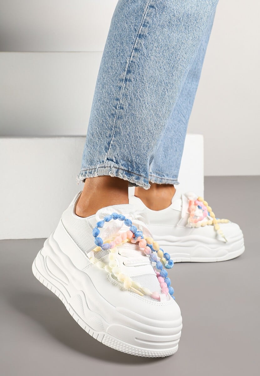 Białe Sneakersy na Platformie z Koralikami Amovanna 1