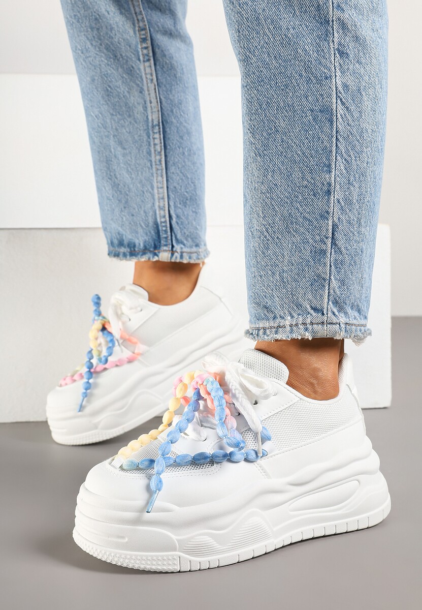 Białe Sneakersy na Platformie z Koralikami Amovanna 2
