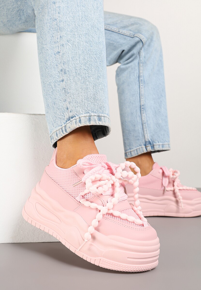 Różowe Sneakersy na Platformie z Koralikami Amovanna 1