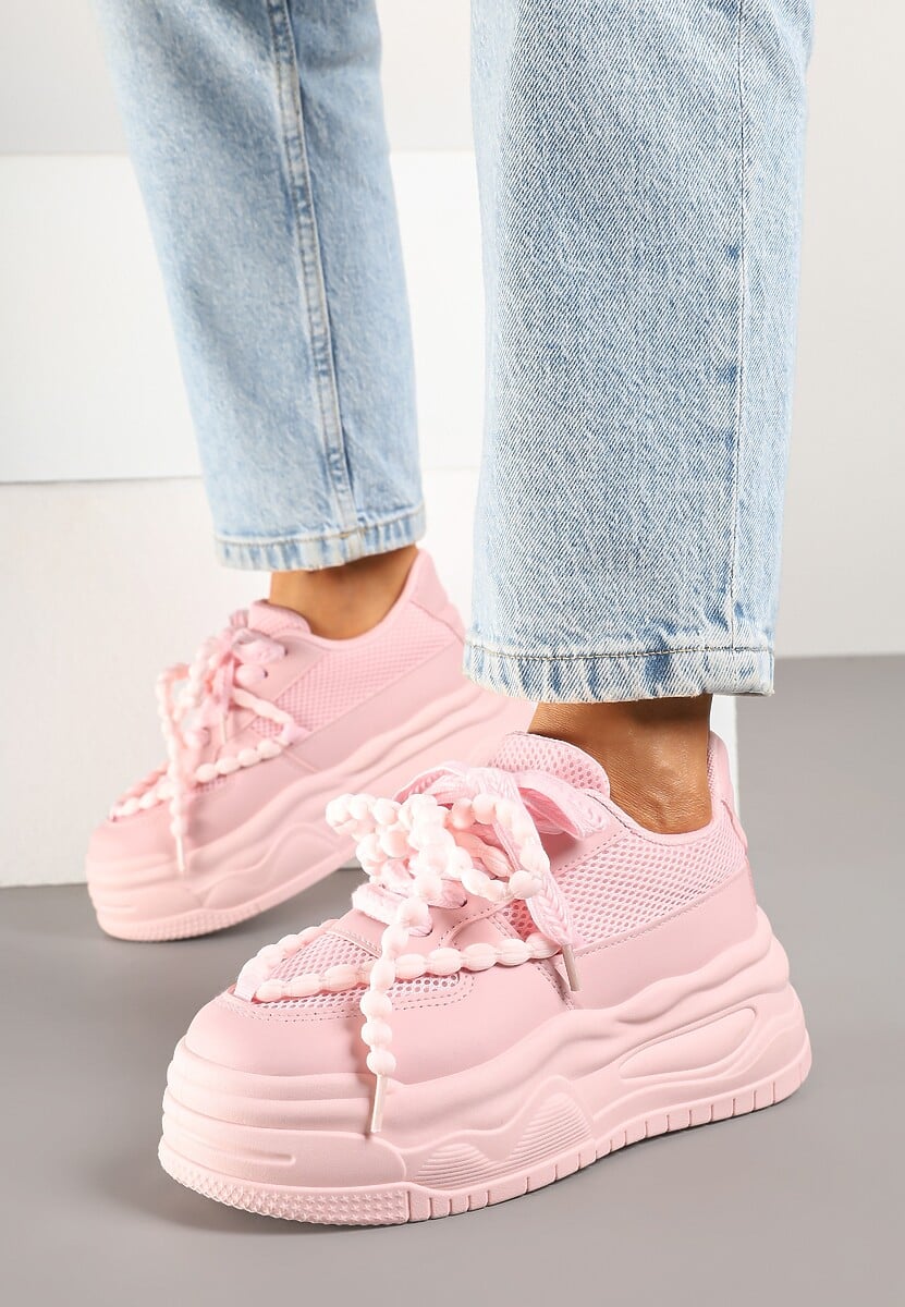Różowe Sneakersy na Platformie z Koralikami Amovanna 2