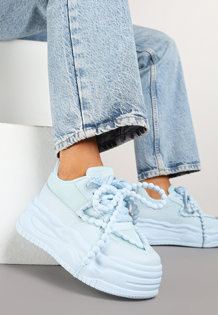 Niebieskie Sneakersy na Platformie z Koralikami Amovanna 1