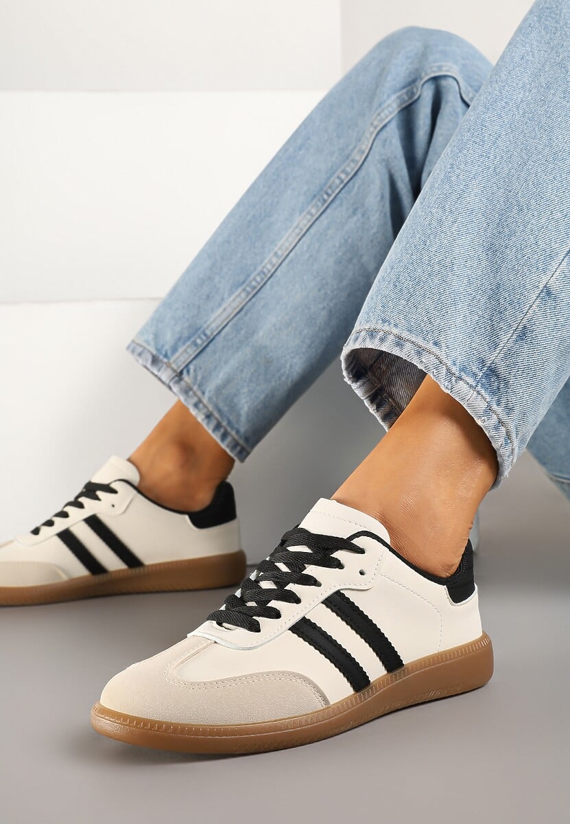 Beżowo-Czarne Casualowe Sneakersy na Płaskiej Podeszwie z Paskami Jereria 1
