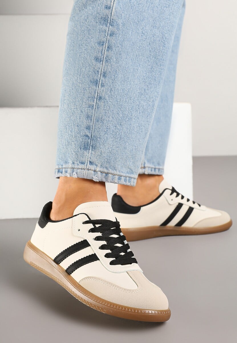 Beżowo-Czarne Casualowe Sneakersy na Płaskiej Podeszwie z Paskami Jereria 2