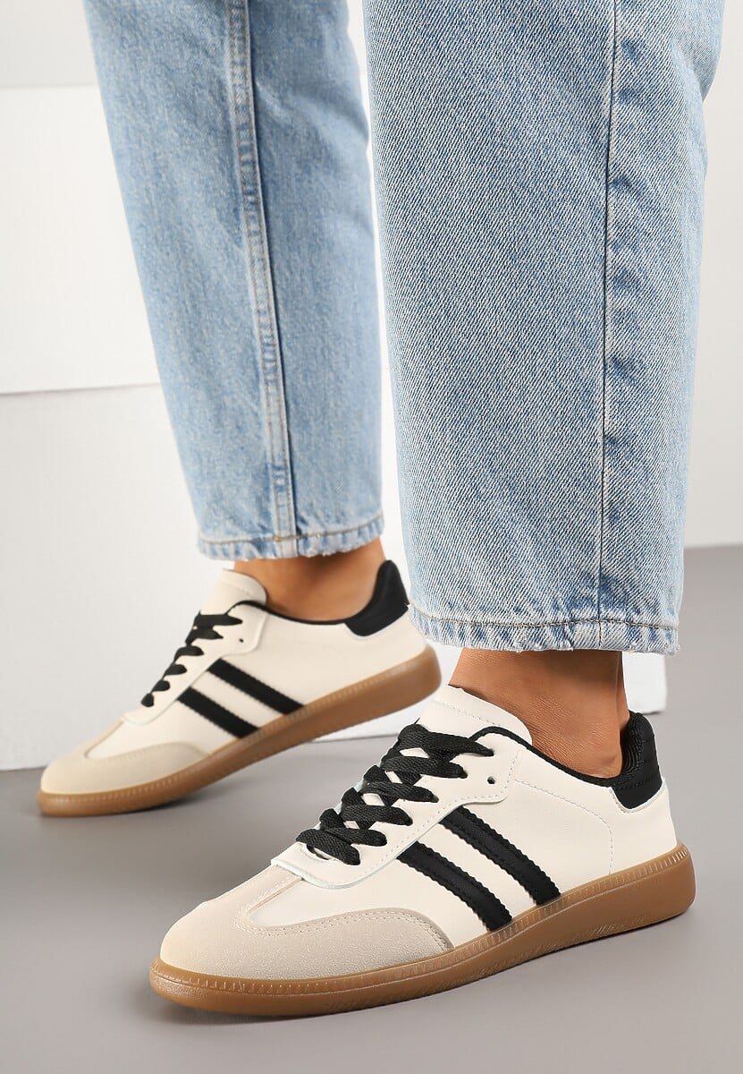 Beżowo-Czarne Casualowe Sneakersy na Płaskiej Podeszwie z Paskami Jereria 3