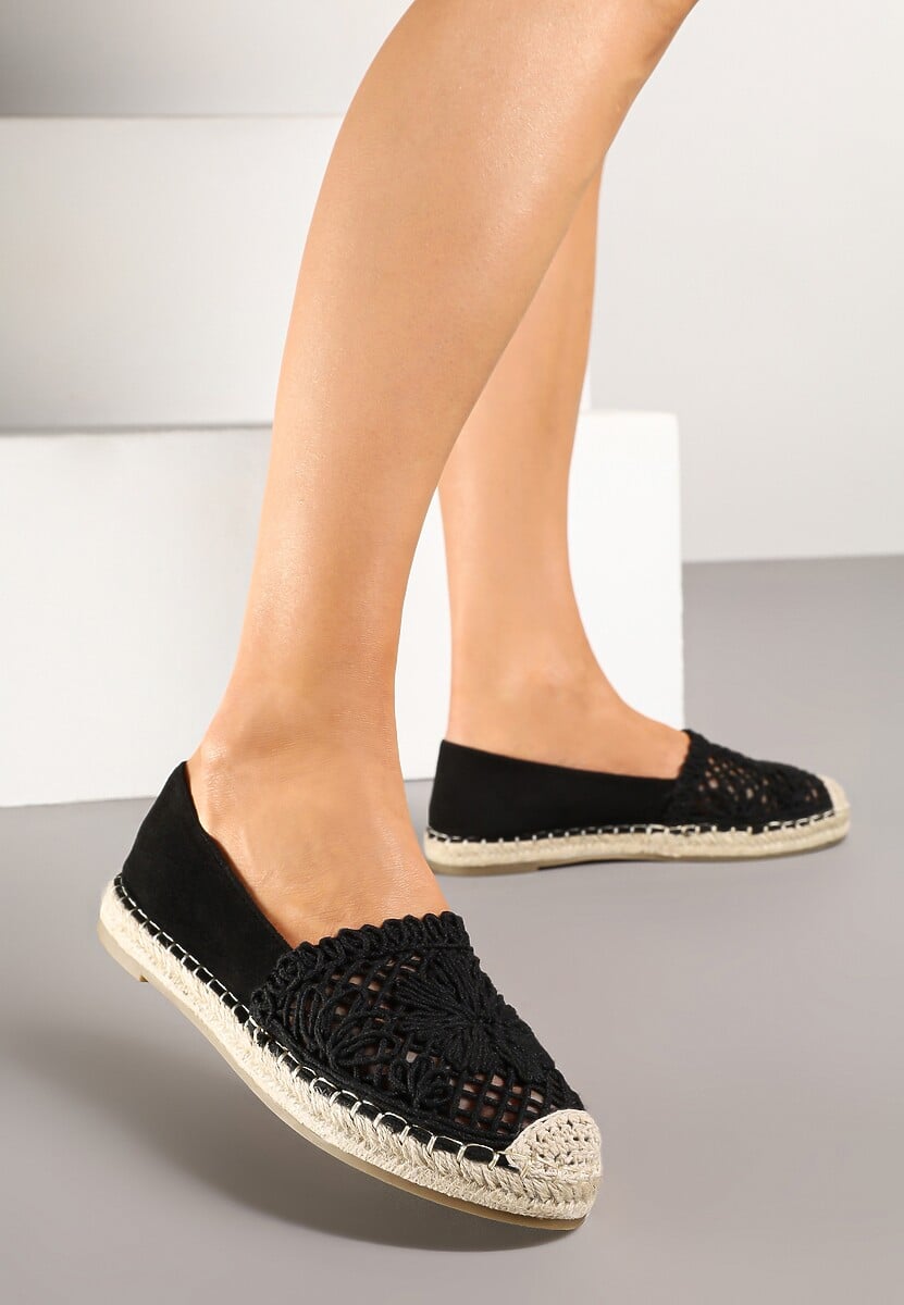 Czarne Espadryle z Ażurową Cholewką i Plecionką Sdivena 1