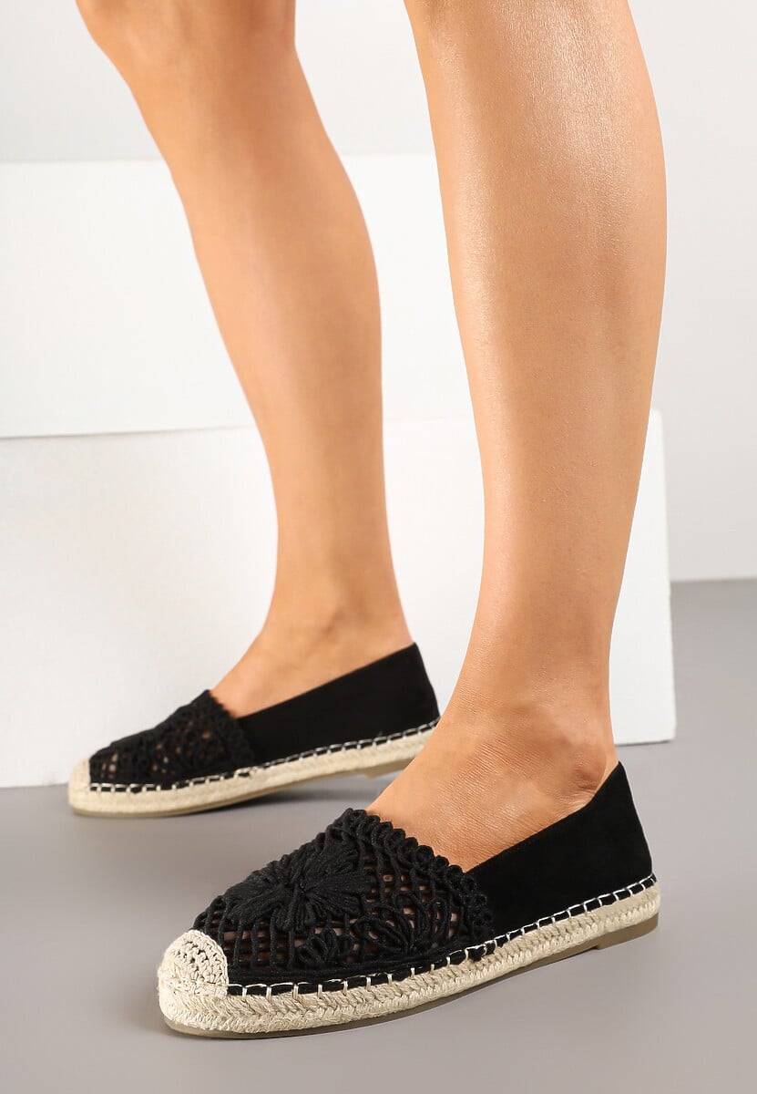 Czarne Espadryle z Ażurową Cholewką i Plecionką Sdivena 2