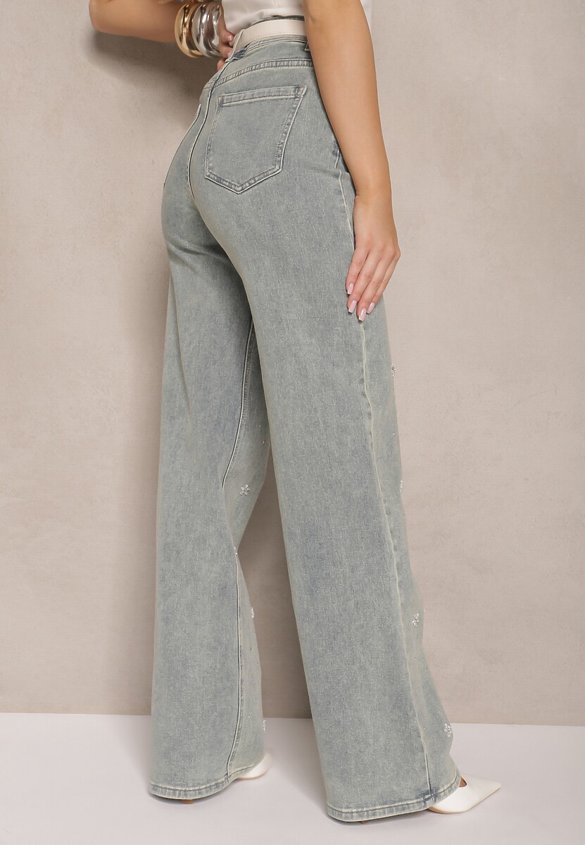Jasnoniebieskie Jeansy High Waist o Szerokim Kroju z Cyrkoniami i Koralikami Heltewi 3