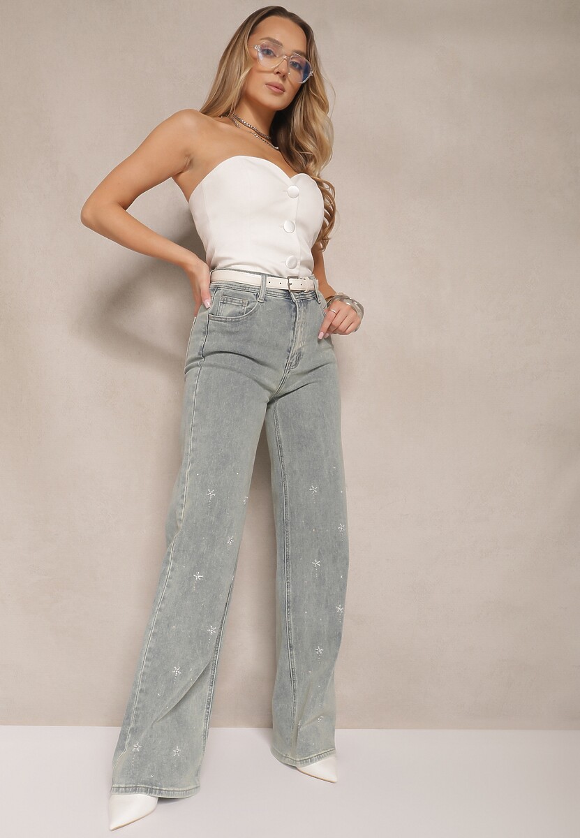 Jasnoniebieskie Jeansy High Waist o Szerokim Kroju z Cyrkoniami i Koralikami Heltewi 2