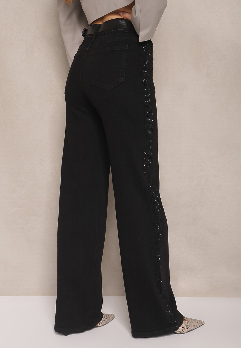 Czarne Szerokie Jeansy High Waist z Cyrkoniowym Zdobieniem Nusamira 3