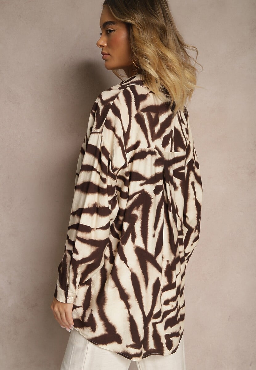 Beżowo-Brązowa Wiskozowa Koszula z Lnem w Print w Zebrę o Kroju Oversize Telonira 3