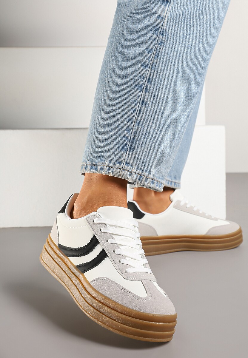 Białe Sneakersy Typu Kultowe Tenisówki na Grubej Podeszwie z Tłoczeniem Lisanitea 1
