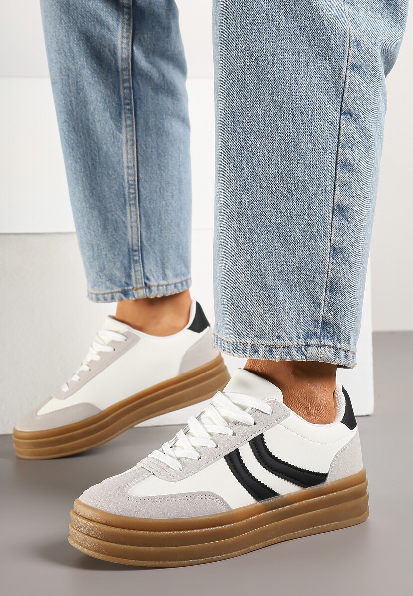 Białe Sneakersy Typu Kultowe Tenisówki na Grubej Podeszwie z Tłoczeniem Lisanitea 3