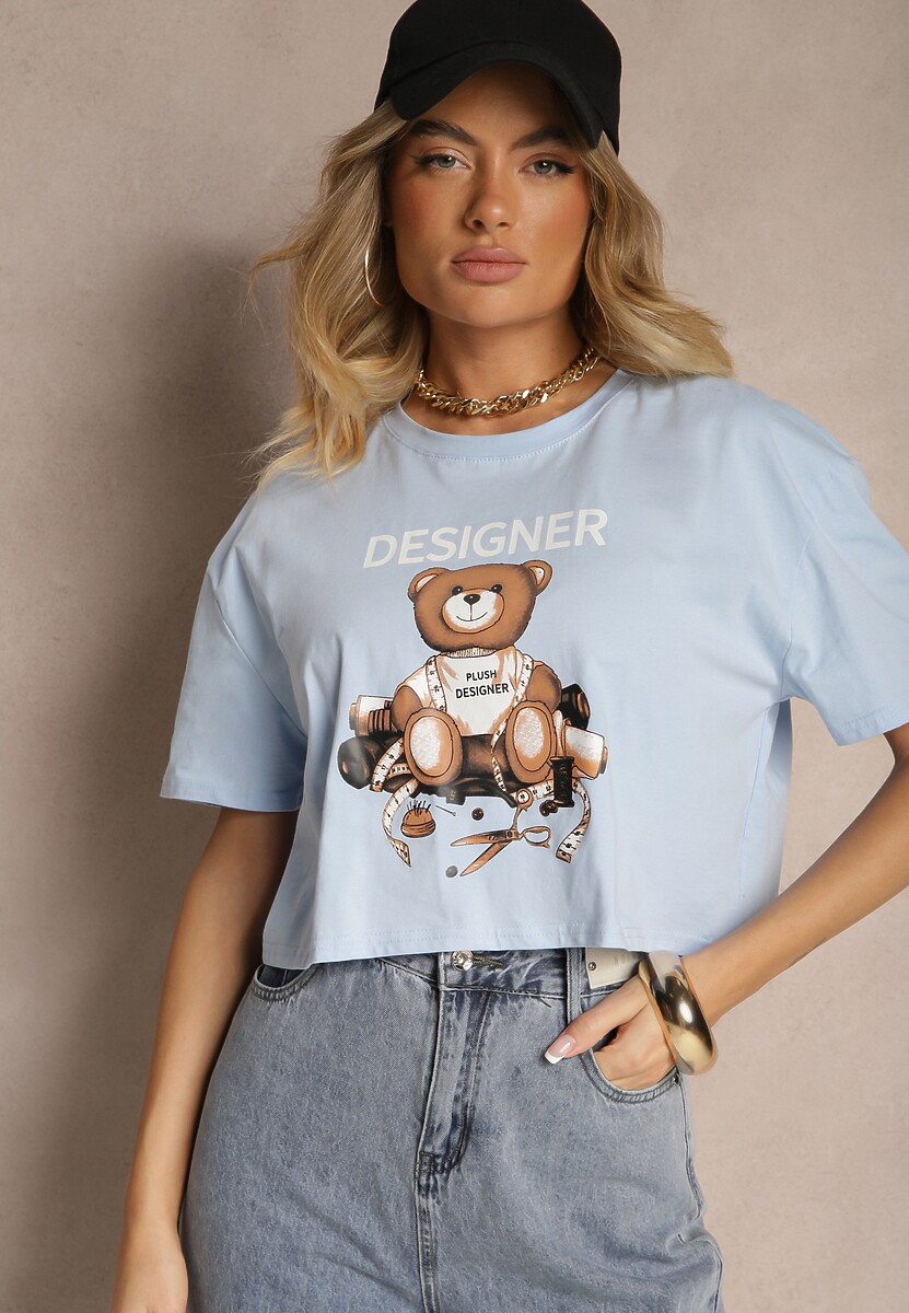 Niebieski Krótki T-shirt z Bawełną Ozdobiony Misiem Eladriel 1