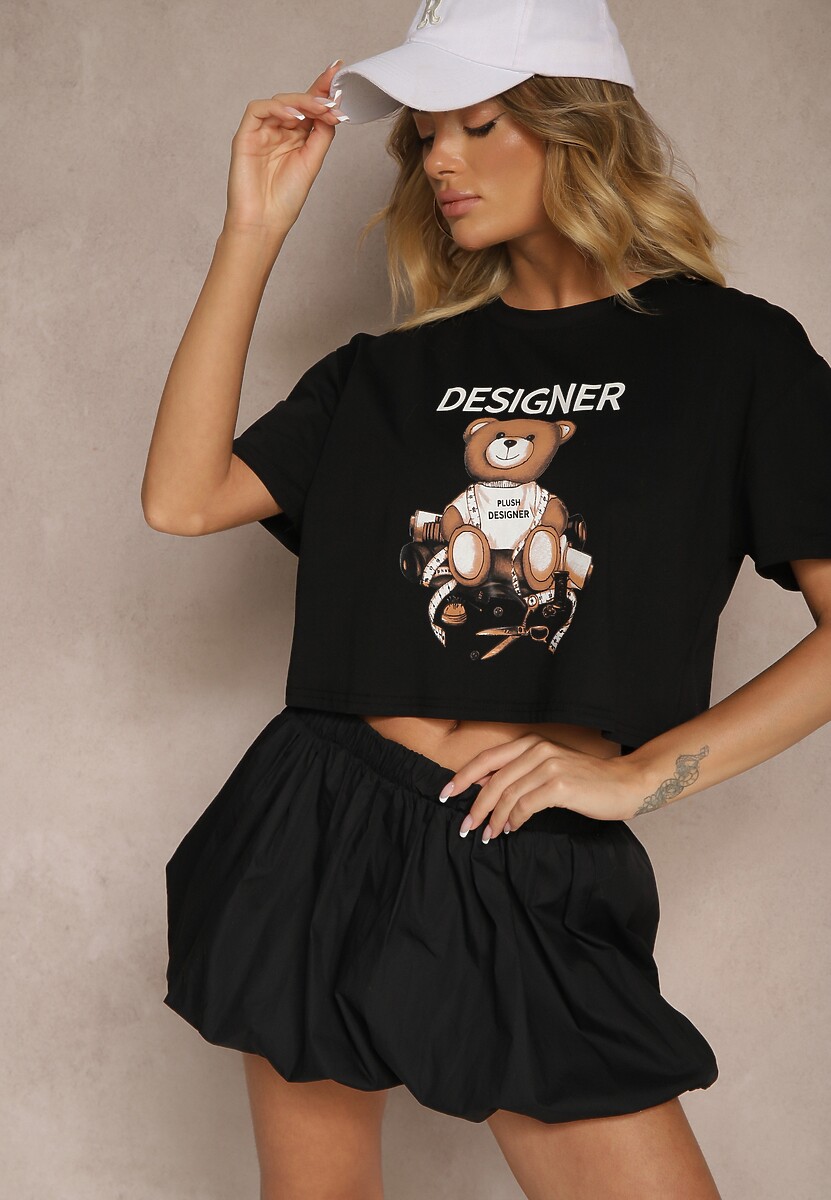 Czarny Krótki T-shirt z Bawełną Ozdobiony Misiem Eladriel 1