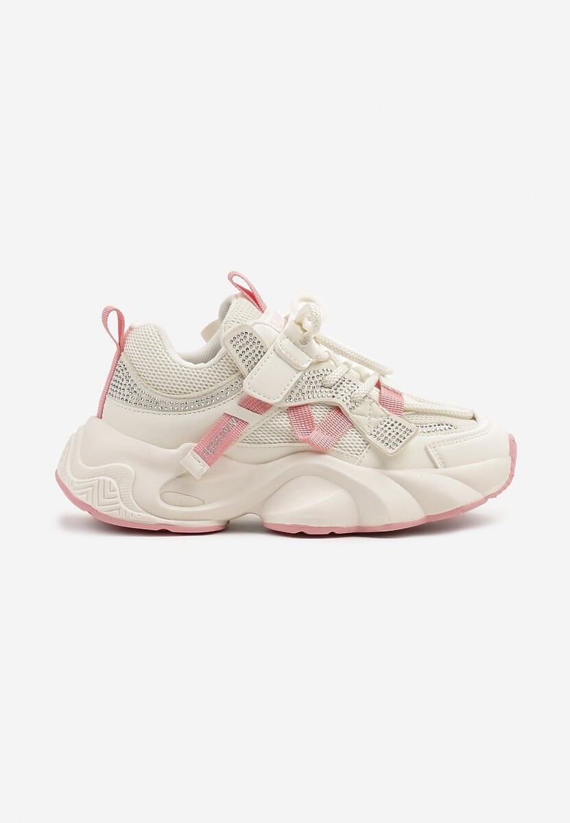 Beżowo-Różowe Buty Sportowe Sneakersy  na Platformie z Tłoczeniem i Napisem Olriti 1