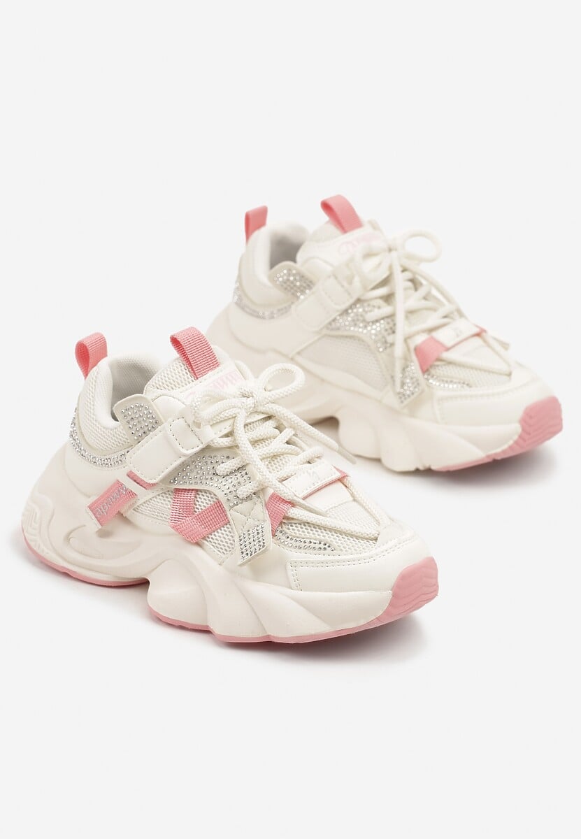 Beżowo-Różowe Buty Sportowe Sneakersy  na Platformie z Tłoczeniem i Napisem Olriti 2