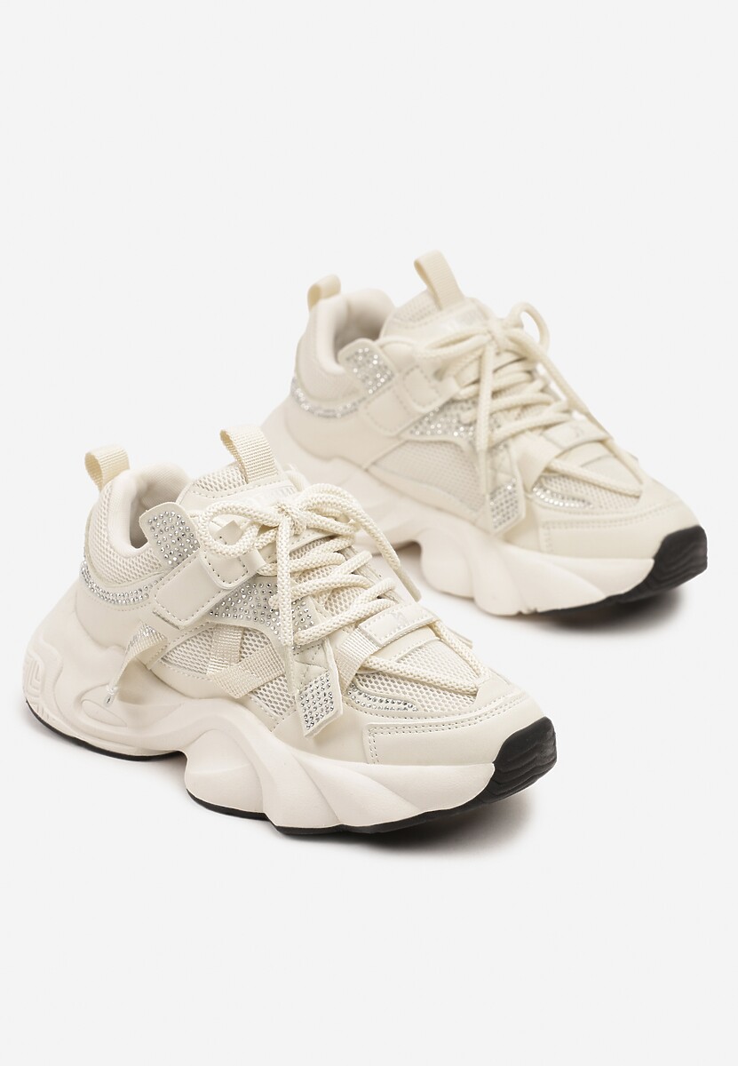 Beżowe Buty Sportowe Sneakersy  na Platformie z Tłoczeniem i Napisem Olriti 2
