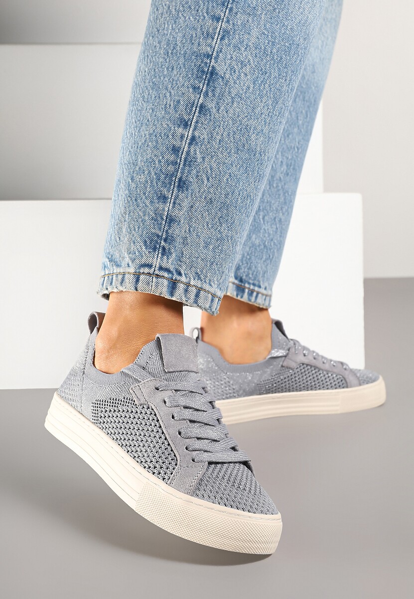 Srebrne Siateczkowe Sneakersy Ozdobione Metaliczną Nicią Nimiarene 2