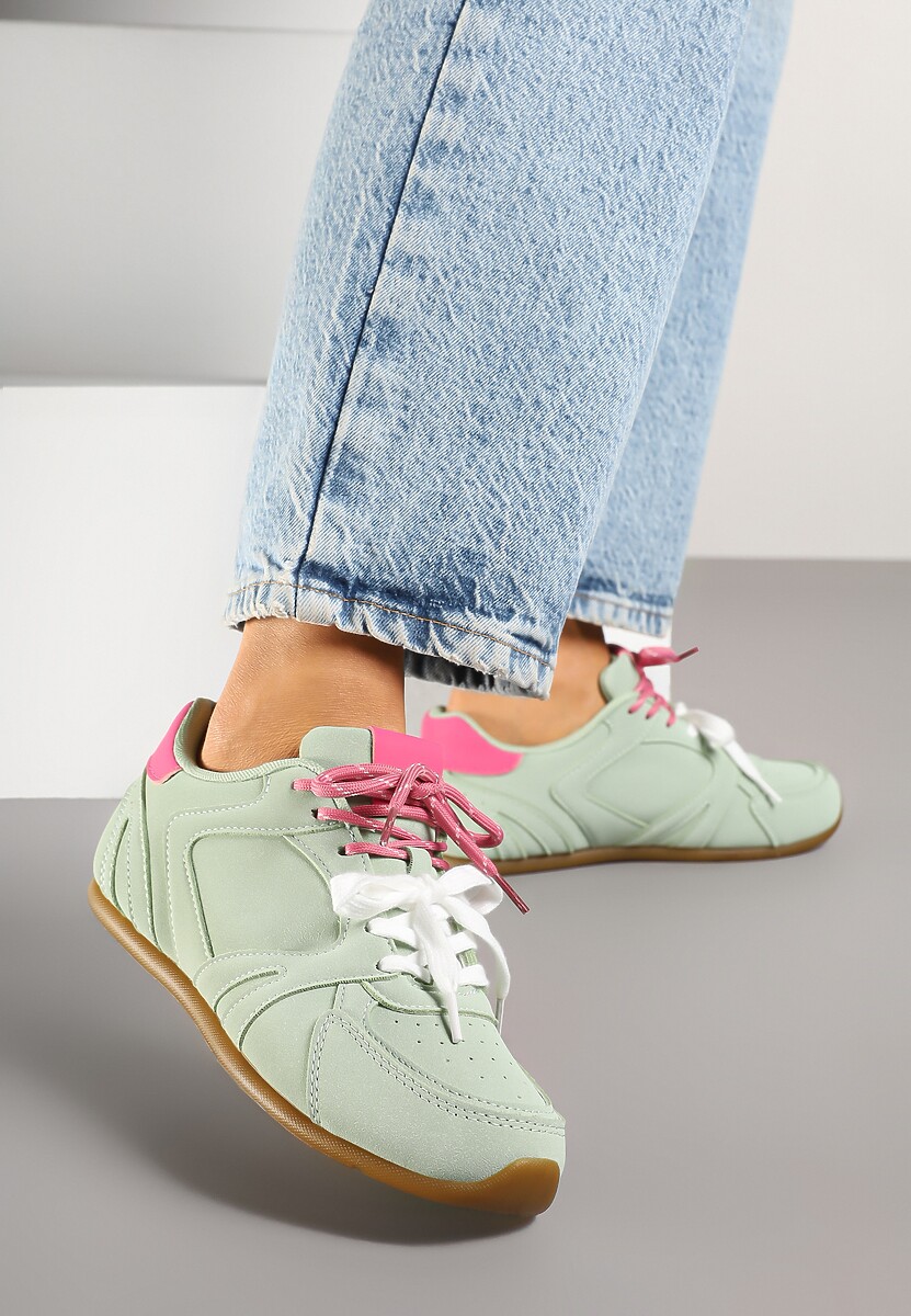Jasnozielone Sneakersy Ozdobione Przeszyciami i Podwójnym Sznurowaniem Telisaria 1