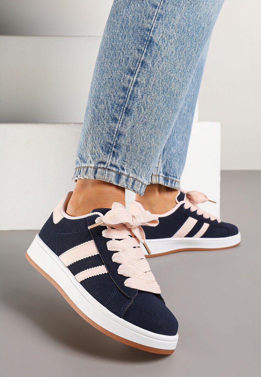 Granatowo-Różowe Sneakersy na Niskiej Platformie z Naszywkami Flordexia 1