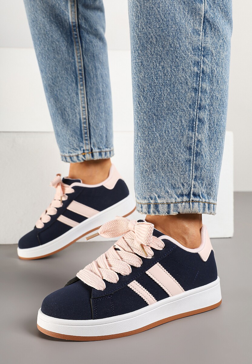 Granatowo-Różowe Sneakersy na Niskiej Platformie z Naszywkami Flordexia 2