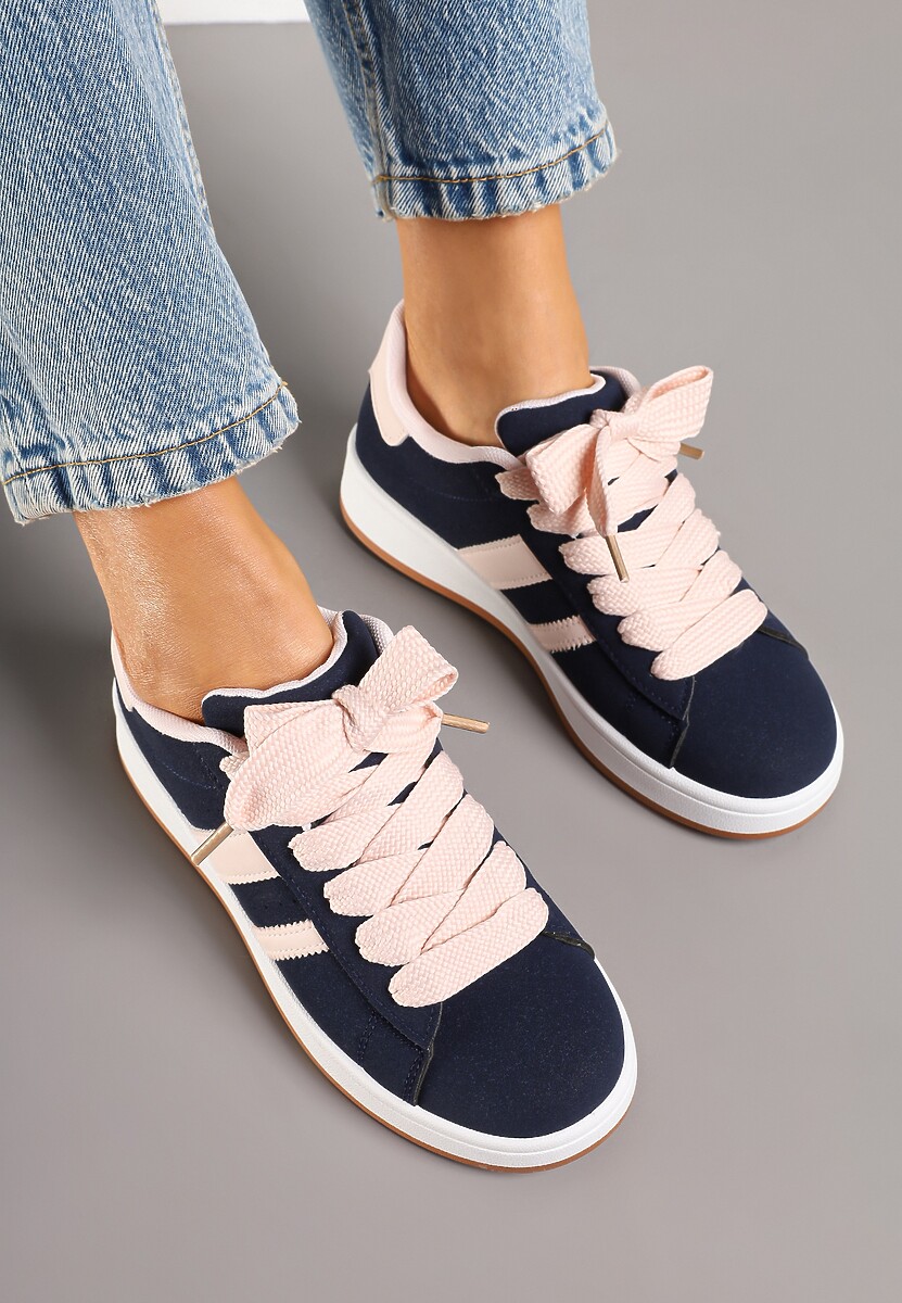 Granatowo-Różowe Sneakersy na Niskiej Platformie z Naszywkami Flordexia 3
