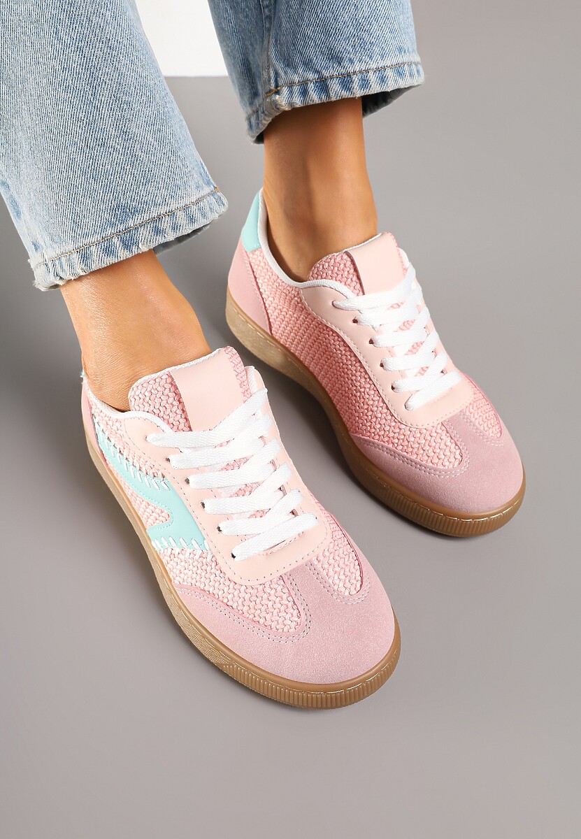 Różowe Sneakersy w Stylu Klasycznych Tenisówek Zdobione Przeszyciami i Tweedem Koriznne 3