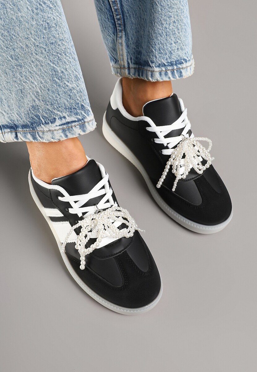 Czarne Sneakersy Typu Kultowe Tenisówki ze Zdobieniem z Perłami Nalavia 3