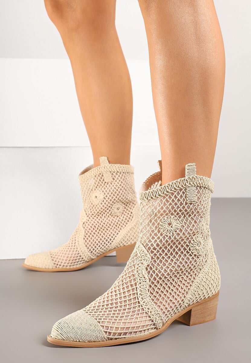 Jasnobeżowe Botki Kowbojki na Stożku ze Skórzaną Wkładką i Siateczkową Cholewką Frolozi 1