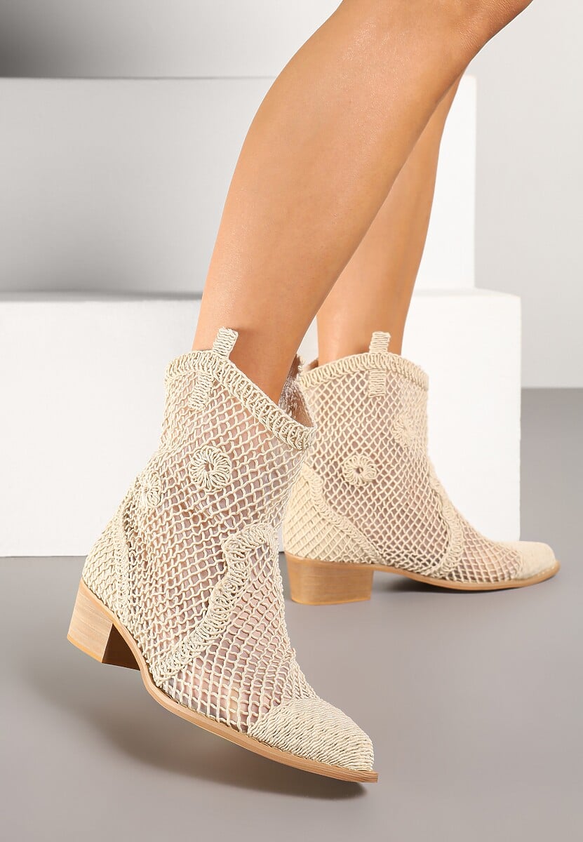 Jasnobeżowe Botki Kowbojki na Stożku ze Skórzaną Wkładką i Siateczkową Cholewką Frolozi 2