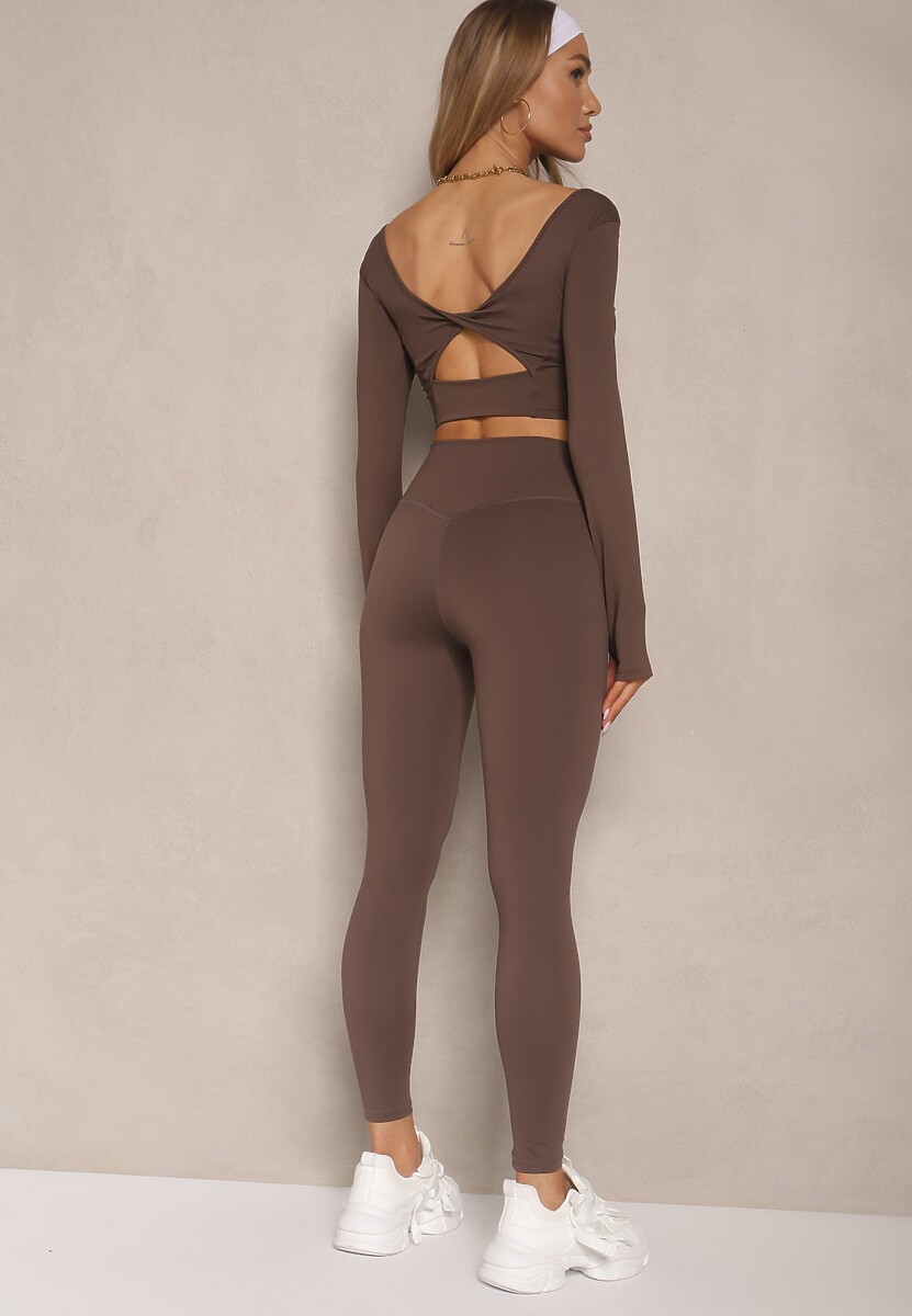 Brązowy Komplet Sportowy Legginsy High Waist i Longsleeve z Ozdobnym Tyłem Dasalle 3