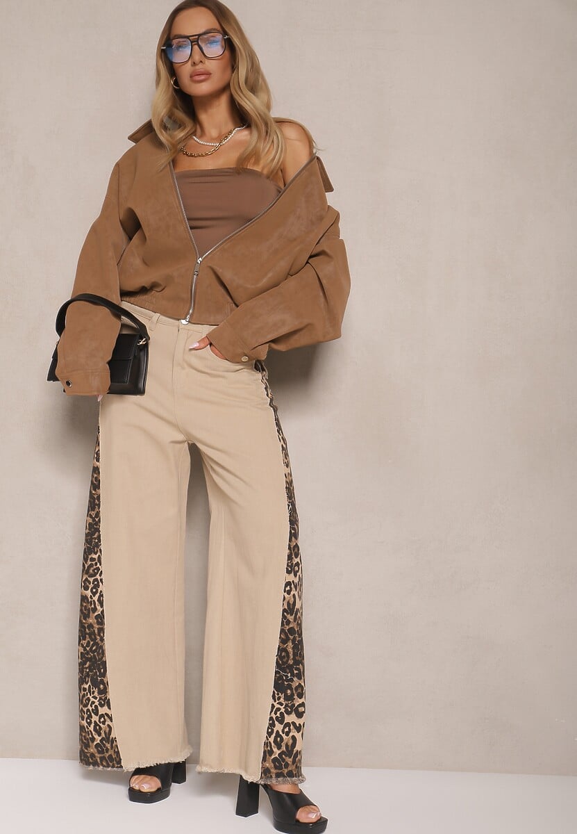 Beżowe Jeansy z Bawełny High Waist ze Wzorem Panterki Velliane 2