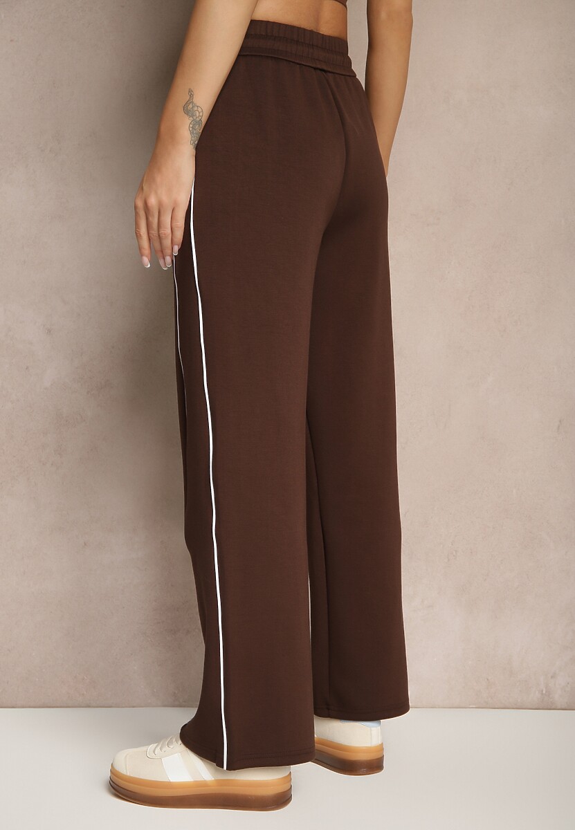 Brązowe Spodnie Dresowe z Bawełną o Szerokim Kroju High Waist z Paskami Salliara 3