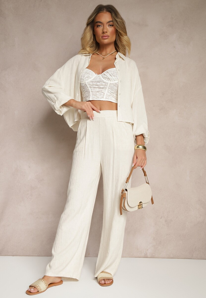 Beżowe Spodnie z Lnem i Bawełną o Szerokim Kroju High Waist Sallieta 1