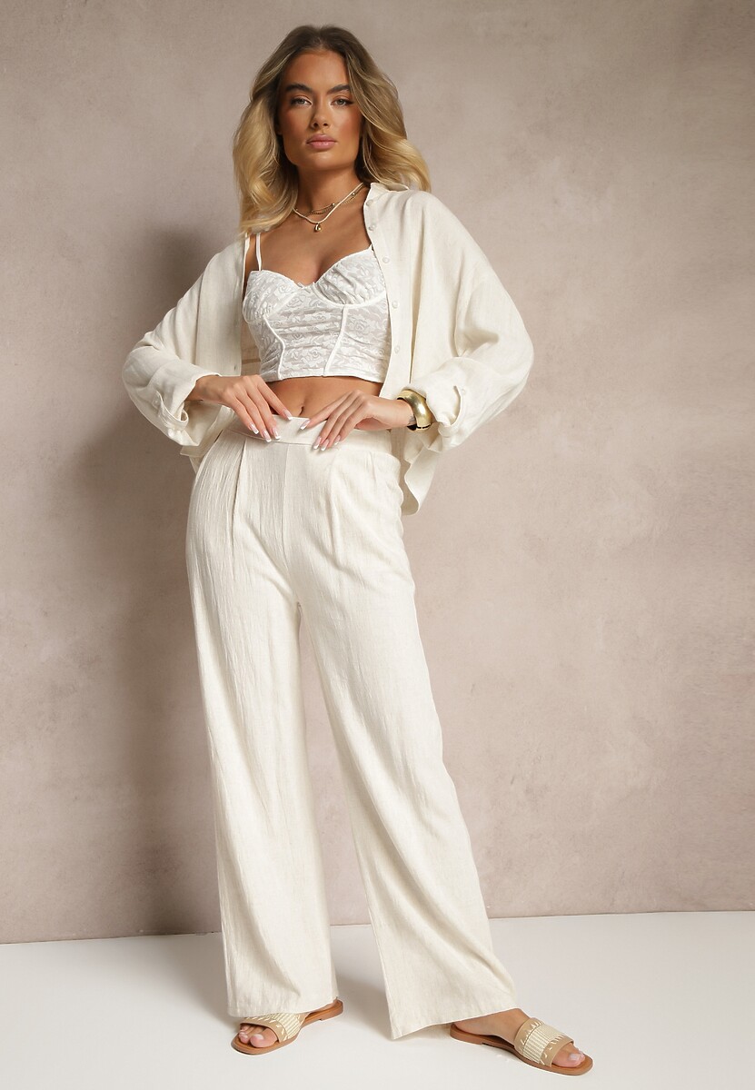 Beżowe Spodnie z Lnem i Bawełną o Szerokim Kroju High Waist Sallieta 2