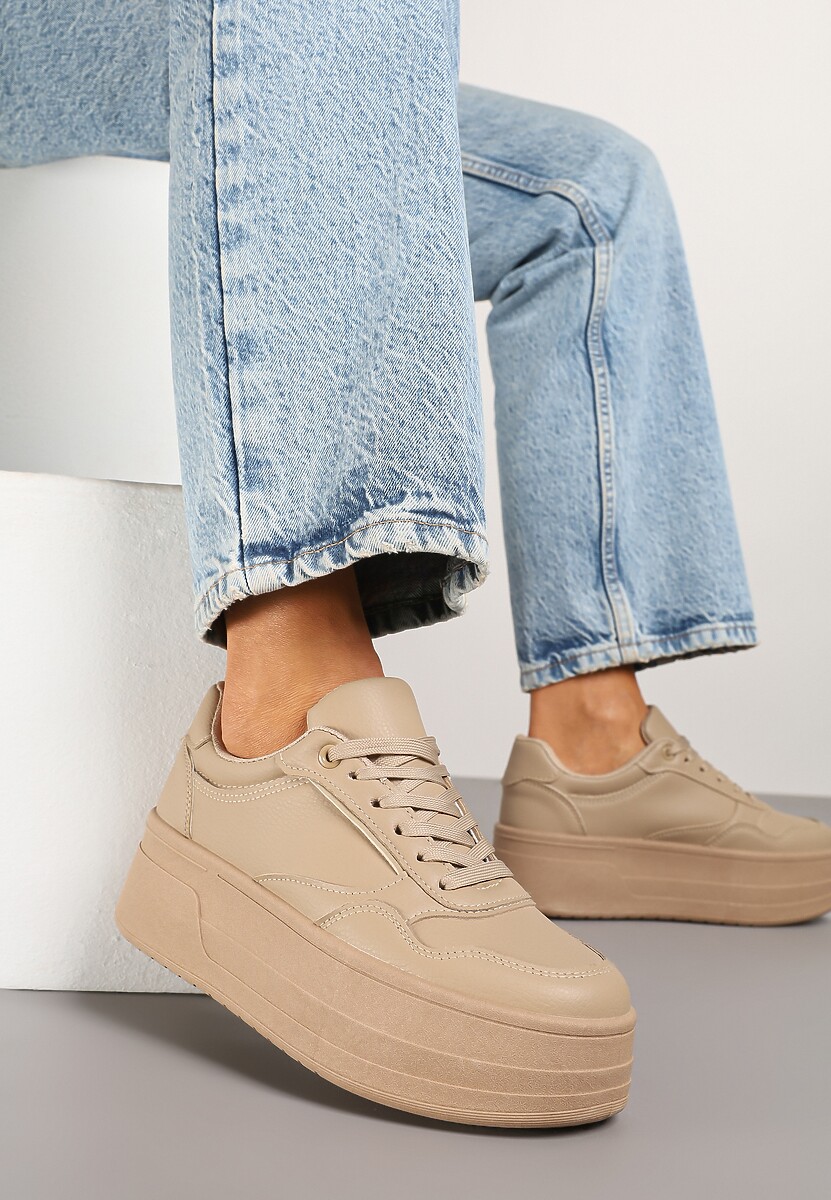 Ciemnobeżowe Sneakersy na Platformie Ozdobionej Tłoczeniem Vaiviera 1