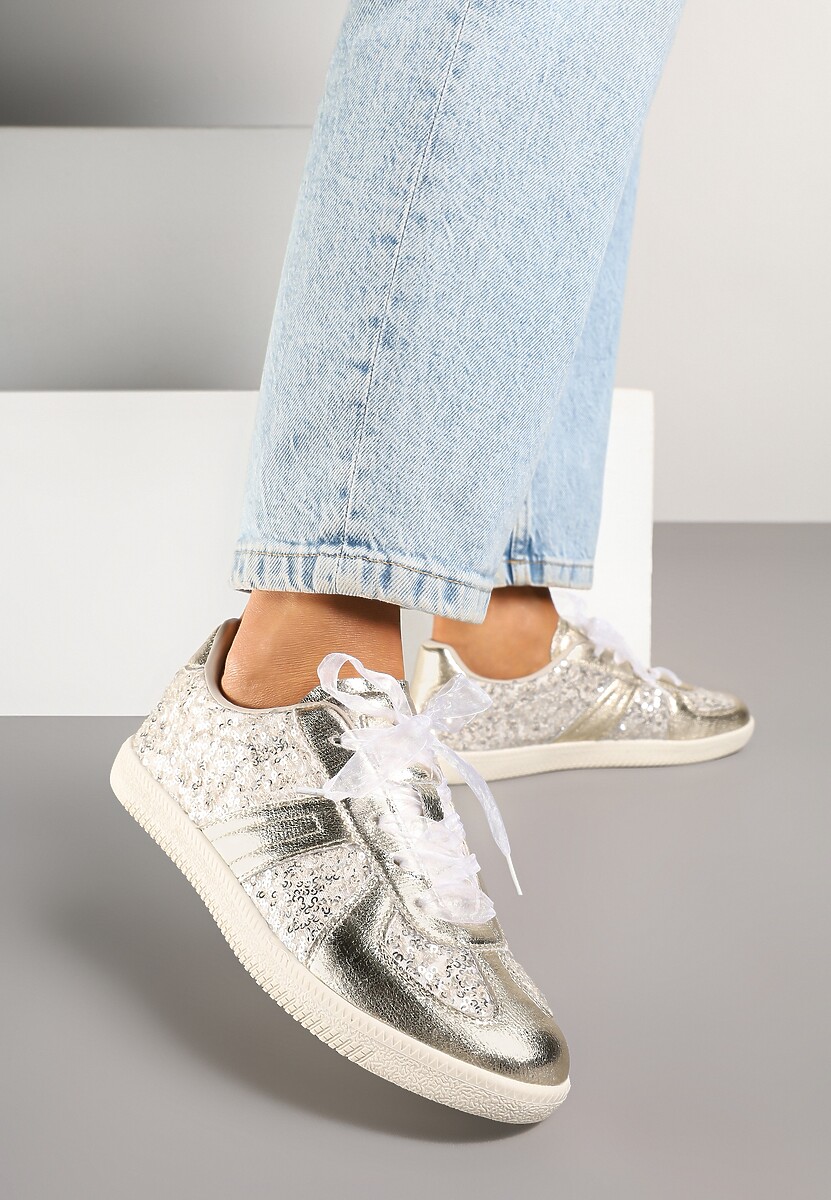 Złote Cekinowe Sneakersy z Wkładką ze Skóry Naturalnej Polwia 1