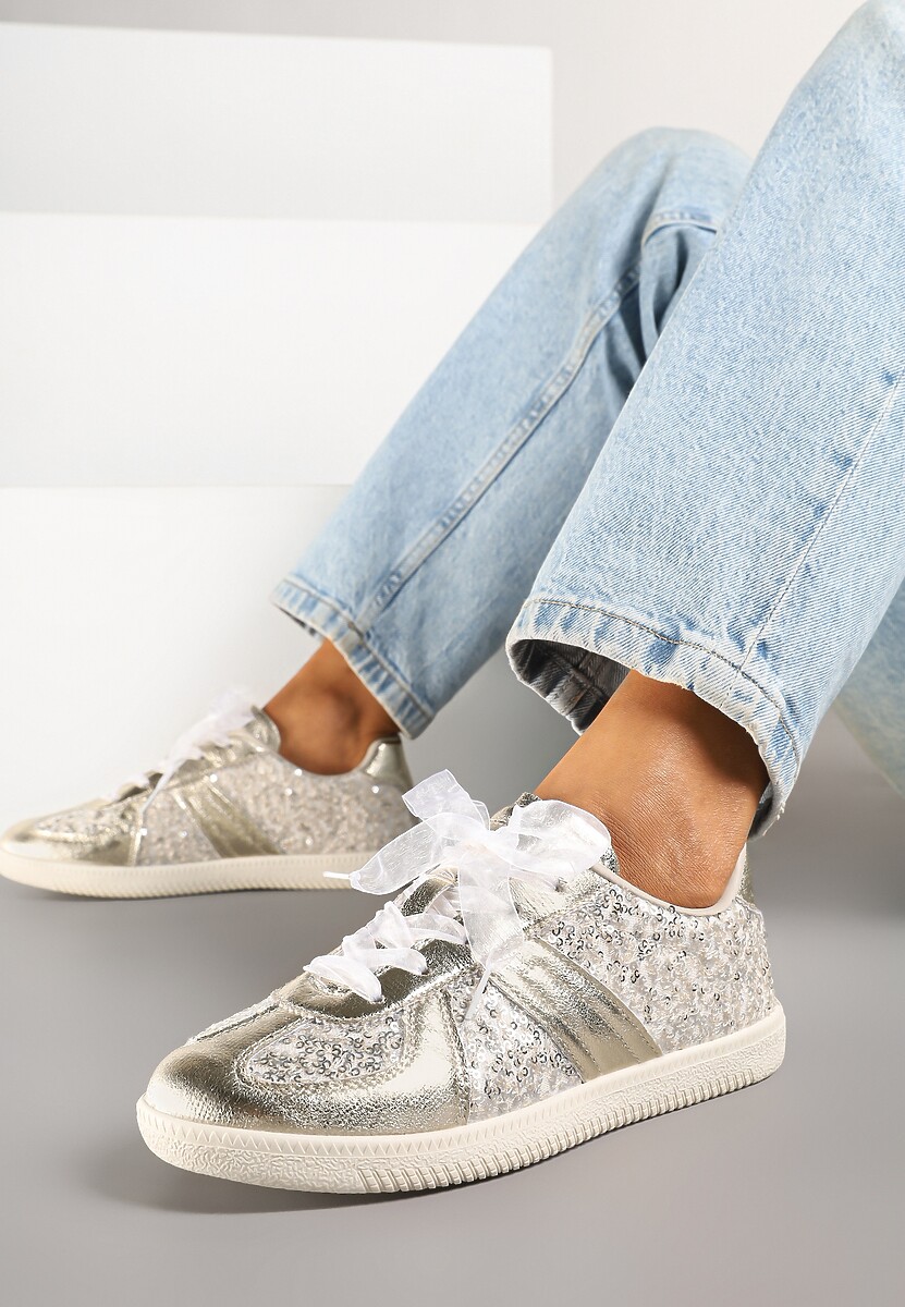 Złote Cekinowe Sneakersy z Wkładką ze Skóry Naturalnej Polwia 2