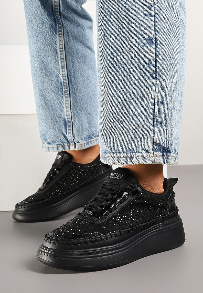 Czarne Sneakersy na Platformie z Wkładką ze Skóry Naturalnej z Cyrkoniami Arvisne 2