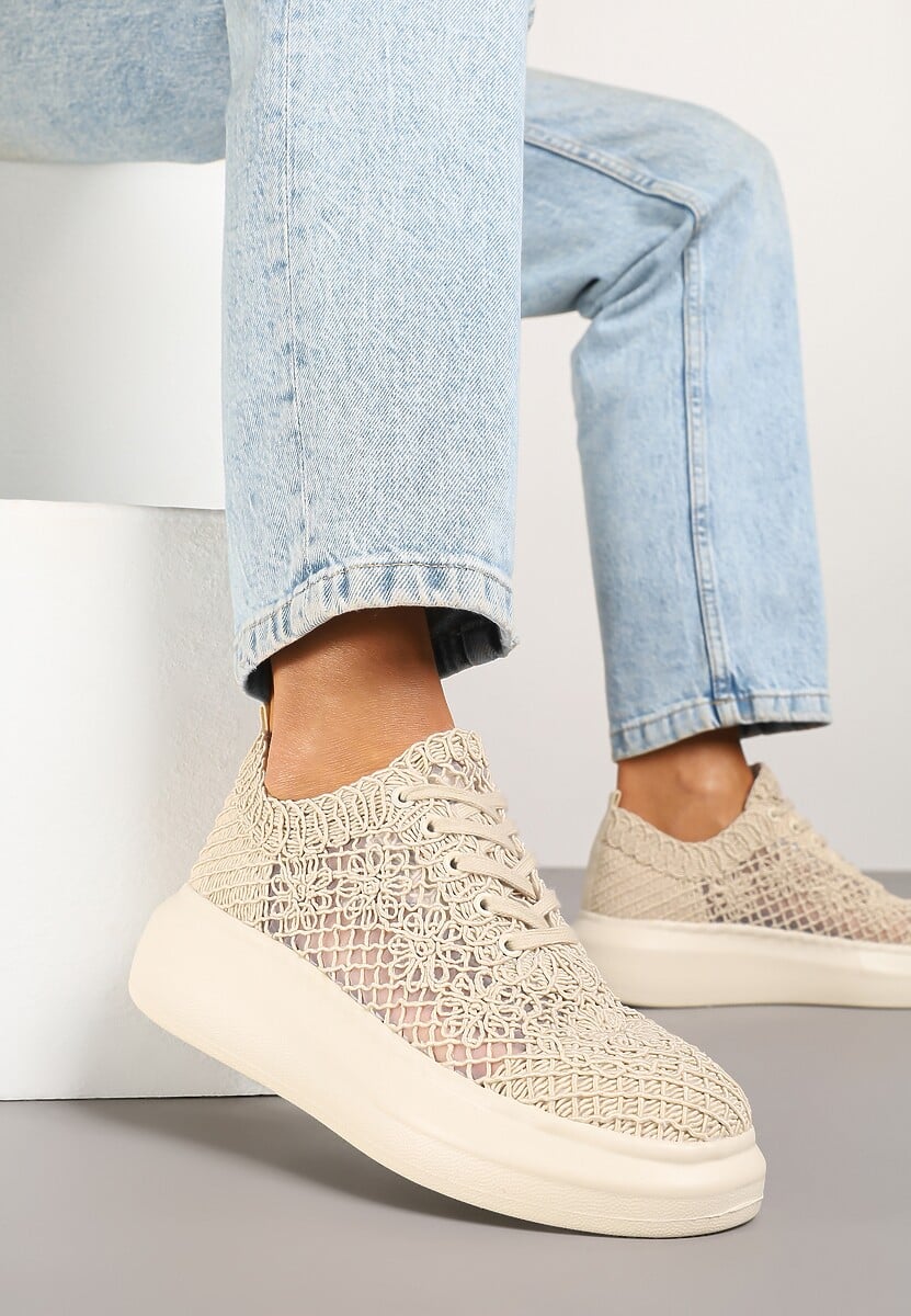 Beżowe Sneakersy Typu Tenisówki z Ażurową Cholewką i Skórzaną Wkładką Sonelis 1