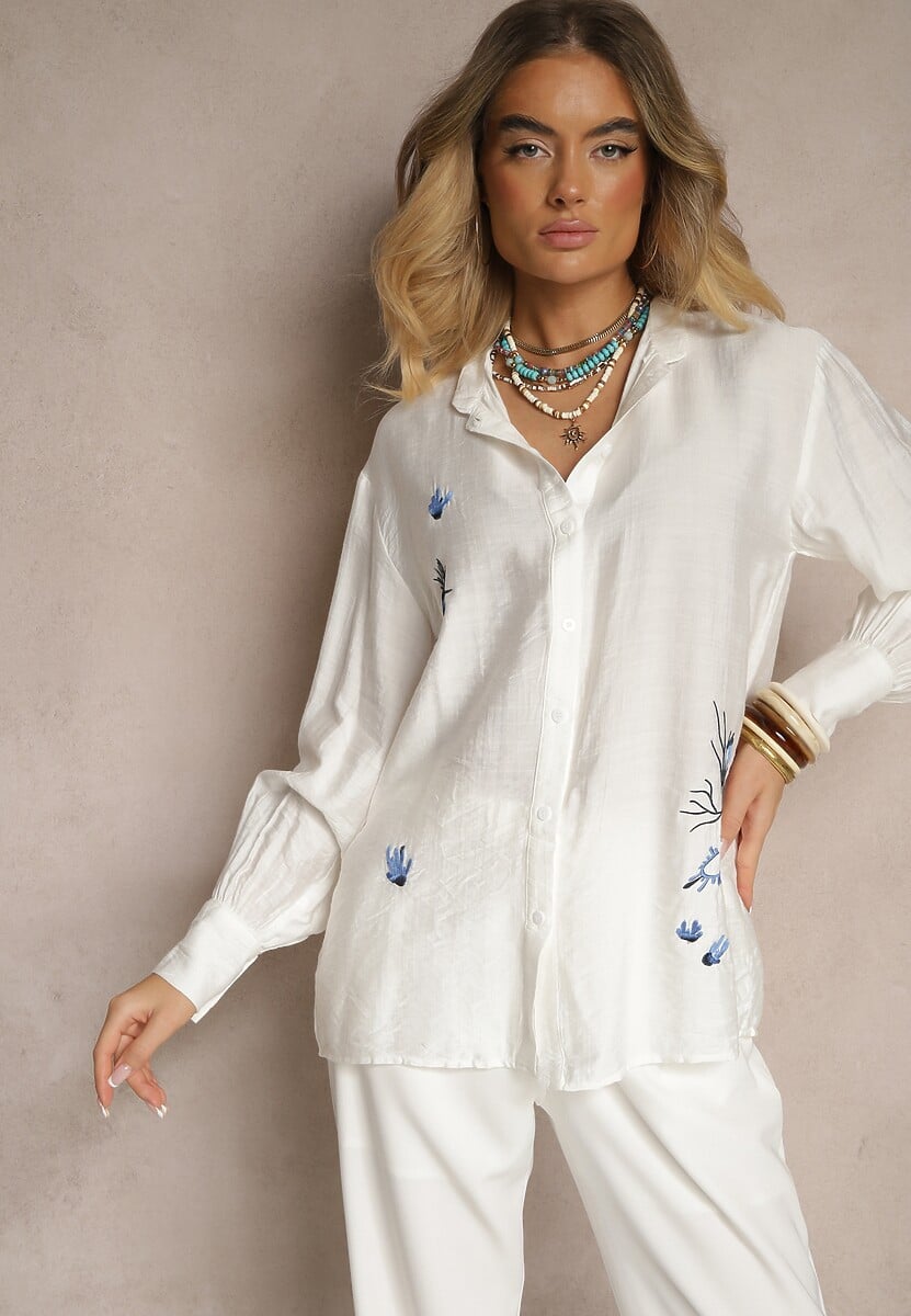 Biała Klasyczna Koszula z Wiskozą z Haftowanymi Zdobieniami Korolena 3