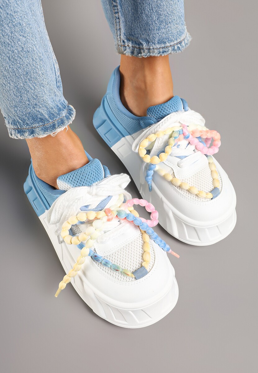 Niebiesko-Białe Sneakersy na Platformie Ozdobione Koralikami Isivisa 3